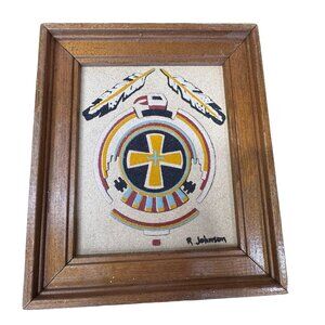 Handcrafted Zuni Thunderbird Sand Art Feathers Wood Frame Signed By R. Johnson